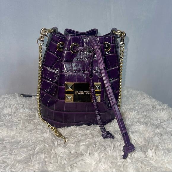 Valentino Purple Crocodile Drawstring Mini Bucket Bag - Picture 1 of 12
